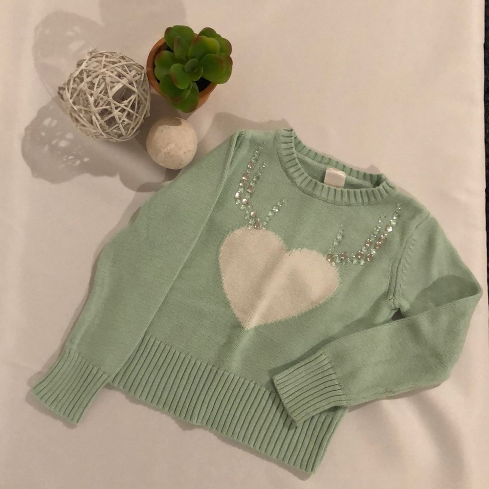Cat & Jack Mint Green Heart Antler Sweater